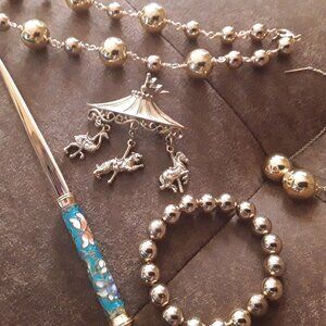 Handmade necklace, 10mm ball  bracelet, chain earrings, vintage brooch set.